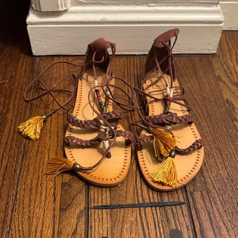 Dolce Vita Brown and Tan Sandals with Yellow Tassels